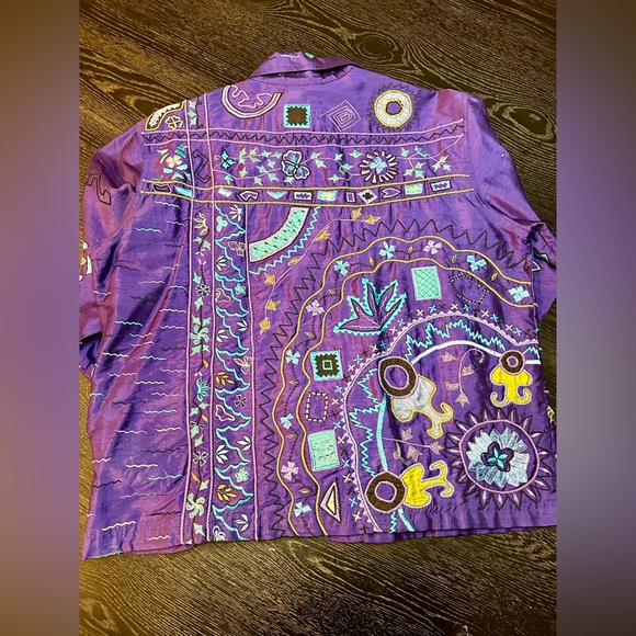 Vintage Chicos Purple Silk Button Down Embroidered Patterned Jacket Size 1 - Picture 3 of 11